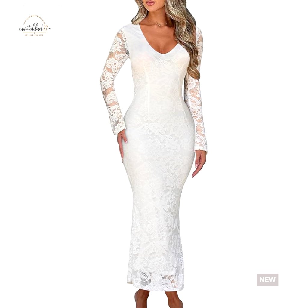 Lace Maxi Dress With Flare Sleeves, V-Neck, Back Split, Zipper Closure